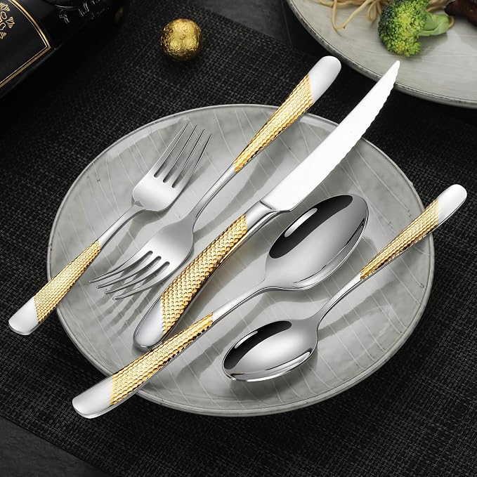 20-Piece Hammered Silver Gold Silverware Set for 4,18/10 Stainless Steel Flatware Set with Serrated Forged Knives,Heavy Duty Cutlery Set for Home & Party,Mirror Polished, Dishwasher Safe