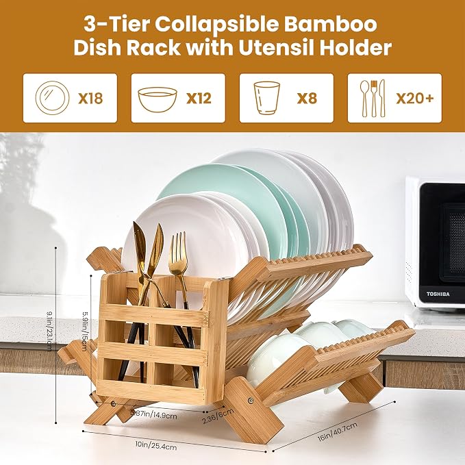 NOVAYEAH Bmaboo Dish Drying Rack for Kitchen Counter 3-Tier Collapsible Wooden Dish Drying Rack with Utensil Holder Dish Drainer Large Folding Dish Rack with Utensils Flatware Holder 51 pcs Grid