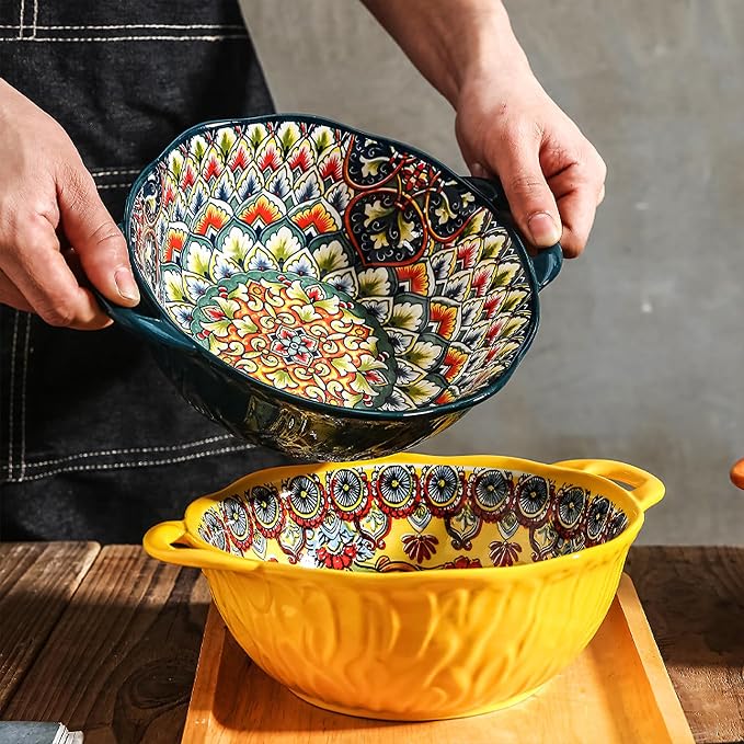 2 Pack Boho Ceramic Serving Bowls with Handles, 40 Oz Porcelain Salad Bowls, Large Serving Dishes for Entertaining, Mixing Bowls for Soup, Stew, Pasta, Cereal, Colorful Embossed Cute Bowls Set HH