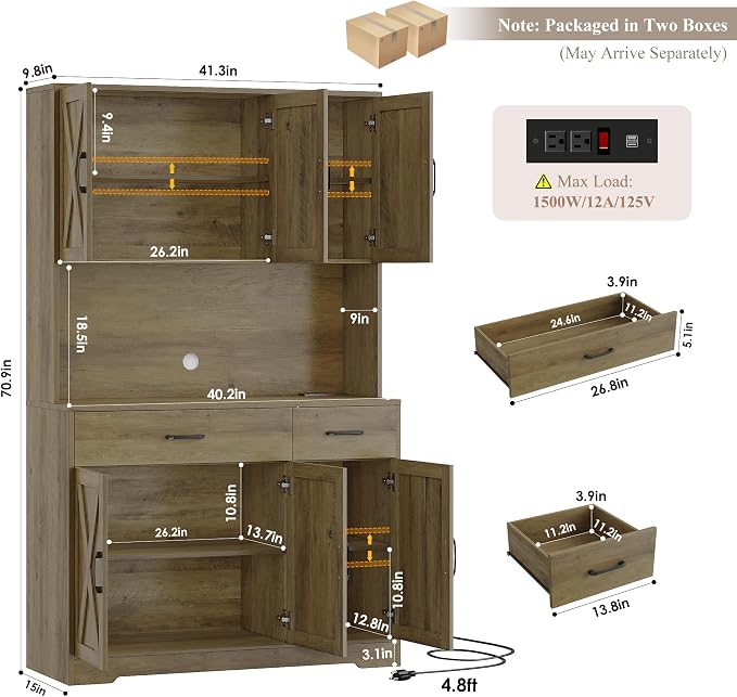 HOSTACK 71" Kitchen Pantry Storage Cabinet, Farmhouse Kitchen Hutch Cabinet | with Charging Station / 2 Drawers / Countertop / Adjustable Shelves, Free Standing Food Pantry Cabinet, Dining Room, Brown