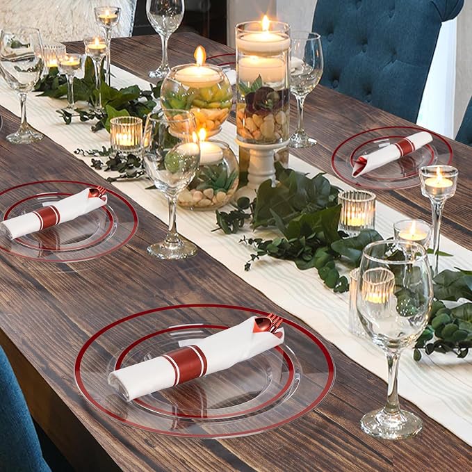 175 Pcs Clear Red Plastic Dinnerware Sets for Party for 25 Guests | Red Plastic Plates Include: 50 Plastic Plates, 25 Pre Rolled Napkins with Cutlery Set, 25 Cups for Birthday, Christmas