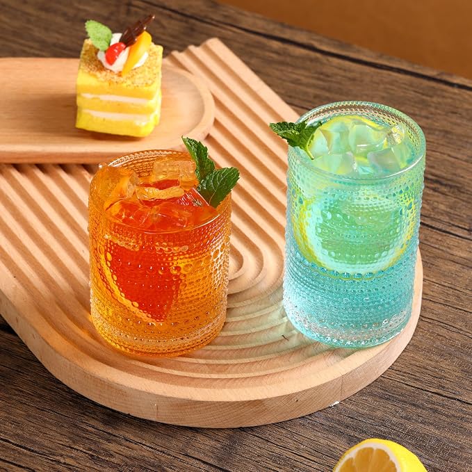 Moretoes Hobnail Drinking Glasses Set of 12, Vintage Water Glass Cups | 12 Oz Highball Glasses & 10 Oz Cocktail Glasses, Clear Embossed Boho Kitchen Bar Tumbler for Whiskey, Beer, Juice, Milk