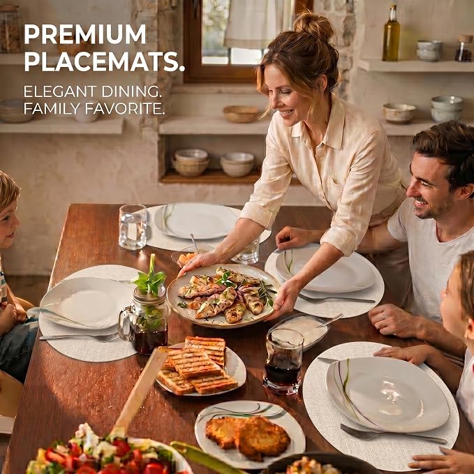 Faux Leather Placemats Set of 6, Wipeable Waterproof Stain Resistant Table Mats, Heat Resistant Thick Placemats with Hand-Painted Edges for Kitchen Dining, Imitative Linen Texture, Various Shapes
