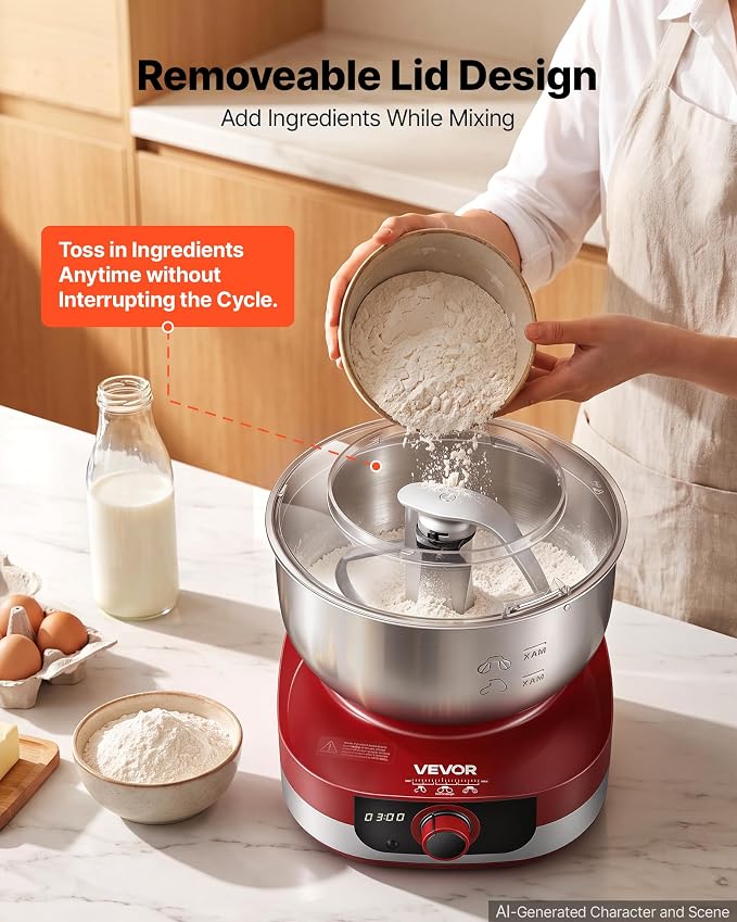 VEVOR 5.3 Qt Electric Dough Maker 500W Stand Mixer Removable Lid, Stepless Speed Adjustment Food Kitchen Mixer with Stainless Steel Bowl, Dough Hook, Whisk, Beater, for Pizza Bread Pasta Mochi