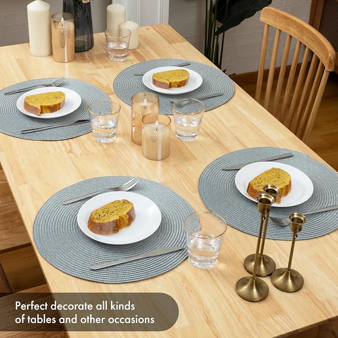 Winknowl Round Braided Placemats Set of 4 Washable Woven Heat Resistant Table Mats for Kitchen Dining Tables 15 inch Round Place Mats (Light Gray,4pcs)