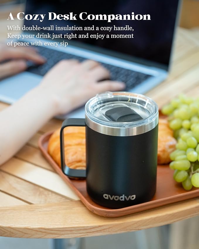 12oz Insulated Coffee Mug with Lid – Includes Two Lids, Stainless Steel Coffee Travel Mug with Handle, Double Wall Vacuum Insulated Camping Mug for Home, Office & Outdoor, Cool Gray