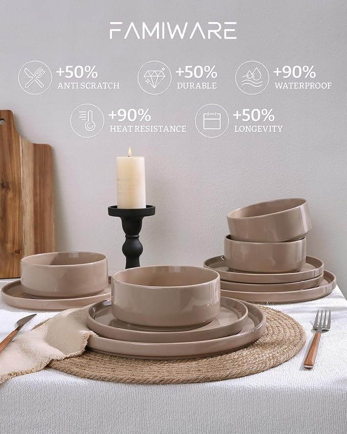 Famiware Nebula Plates and Bowls, 24-Piece Dinnerware Set, Cinnamon Brown | Stoneware Dish Set for 8, Dishwasher and Microwave Safe, Chip and Scratch Resistant