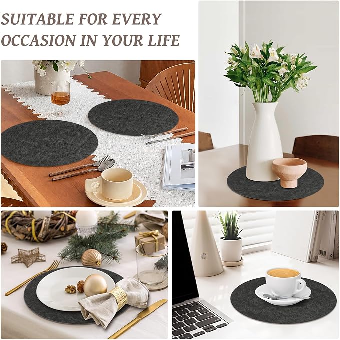 13" Round Placemats Set of 12, Reversible Faux Leather Wipeable Table Mats | 2mm Vinyl Heat Resistant, Waterproof Oilproof Scratch Proof Non-Slip, Washable for Kitchen Dining Indoor Outdoor (Deep Gray)