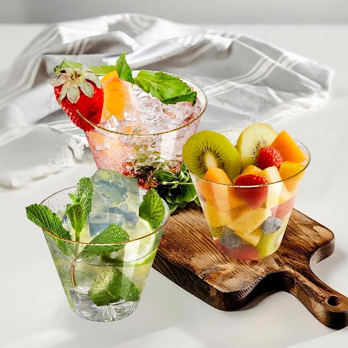 Byvivace [200 Pack 9oz Plastic Cups with Gold Glitter Sturdy & Food Safe Plastic Wine Glasses Disposable Cups Party Wedding Cups Cocktail Glasses for Wine, Juice & Cold Beverages