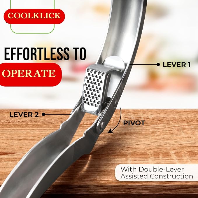 Heavy Duty Garlic Press, No Peeling Needed, Stainless Steel Professional Garlic Mincer & Crusher, Dual Lever-Assisted Design with Large Capacity Chamber for Effortless Garlic Crushing.
