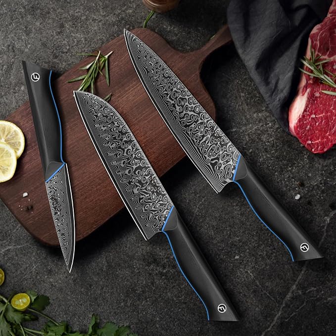 3 Piece Kitchen Knife Set, 67-Layer Damascus Steel, Ergonomic G10 Handle | Damascus Knife Set with Full-Tang Handles, Premium Japanese Chef Knife Set with Gift Box - Zeus Series