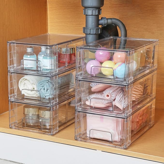 Vtopmart 10 Pack Stackable Clear Drawer with Dividers | Clear Drawer Organizers with Removable Dividers for Flexible storage. Stackable, Non-slip, for Fridge, Under Sink & Bthroom