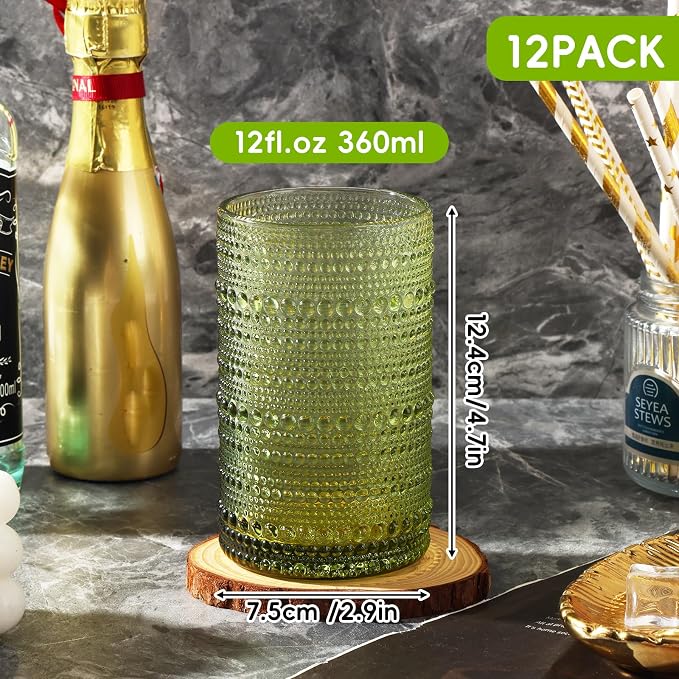 Moretoes12 Pack 12 Oz Green Hobnail Drinking Glasses Set,Water Glass Cups | Highball Glasses Embossed Boho Kitchen Bar Tumbler Glassware Set for Whiskey, Beer, Juice, Milk and Various Mixed Drinks