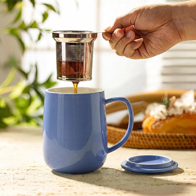 Sweese 20 OZ Porcelain Tea Mug with Infuser and Lid, Dusty Blue Tea Cup