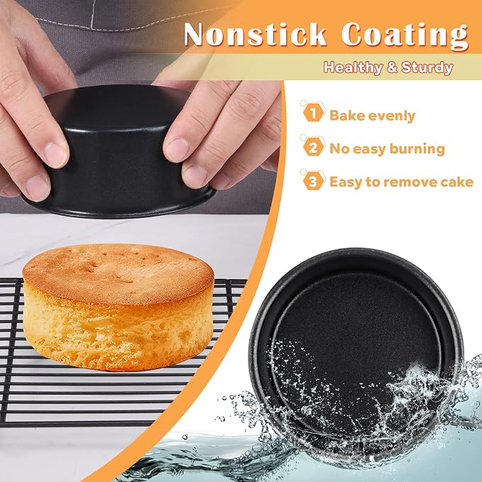 E-far 4 Inch Cake Pan, 3PCS Nonstick Stainless Steel Mini Round Cake Pans | Small Baking Tins for Smash Cakes/Cheesecake, Stainless Steel Core & Non-toxic Coating, Straight Side & 2 Inch Deep