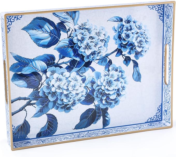Serving Tray with Handles, Rectangular Plastic Tray 15.75x11.81 Inch, Decorative Tray for Kitchen, Dining Table, Vanity, Office & Home (Blue Hydrangea, 15.8" x 11.8" x 1.6")