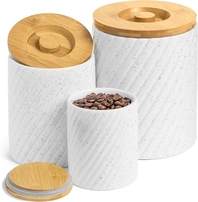 Flour Sugar Storage Containers - Ceramic Canister Set of 3 with Airtight Bamboo Lids for Kitchen Counter - 80, 40 & 20 oz, White