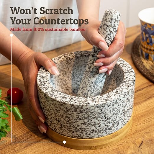 PriorityChef Heavy Duty Mortar and Pestle Set with Bamboo Base, 100% Natural Granite Stone Grinder, Guacamole Bowl and Masher, 4 Cups, White