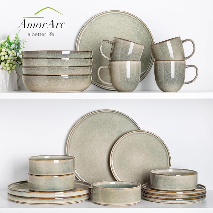 AmorArc Ceramic Dinnerware Sets for 4,12 Piece Plates and Bowls Sets Dishes | Stoneware Handmade Reactive Glaze Dishes Set | Highly Chip and Crack Resistant | Dishwasher & Microwave Safe