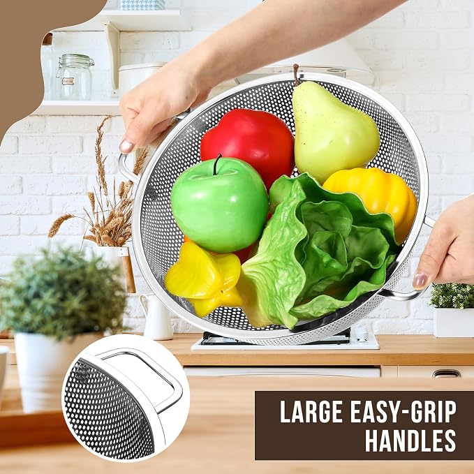 Norme 5 Quart Stainless Steel Silver Colander and 3 Pcs Silver Fine Mesh Strainer, Stainless Steel Pasta Rice Food Metal Strainer with Handles, Easy Clean and Dishwasher Safe
