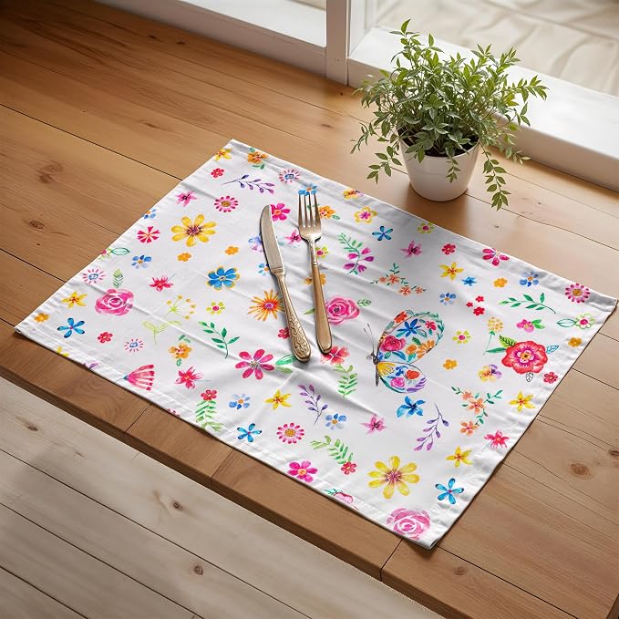 Maison d' Hermine Placemats Set of 4 Reusable 100% Cotton (13"x19") | Cloth Place Mats Washable Table Mats for Kitchen Dining Party Home Restaurant Spring Summer - Happy Florals - Sweety
