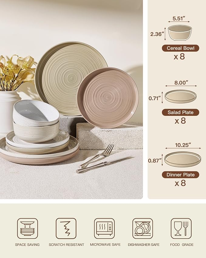 Stoneware Dinnerware Set for 8, Plates & Bowls, Multicolor | 24-Piece Ceramic Speckled Spiral Dishes, Chip & Scratch Resistant, Microwave & Dishwasher Safe, Everyday Use, Farmhouse Style