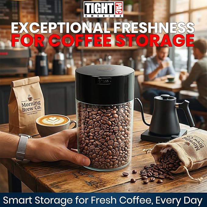 COFFEEVAC 1 LB Airtight Coffee Bean Storage Container, Patented Vacuum Seal, Coffee Grounds Container, 1.85L, Smell Proof, Black Cap and Clear Body
