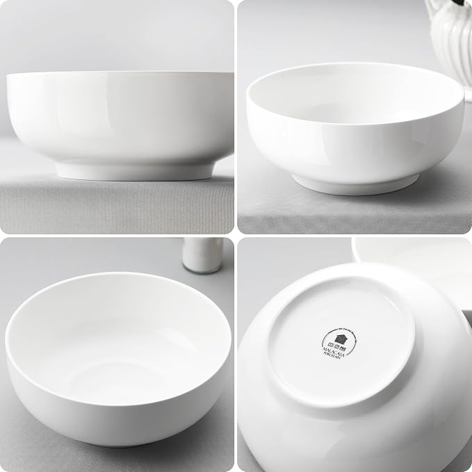 MALACASA Large Serving Bowls, 60 OZ (8") White Salad Bowls Set of 2 | Ceramic Bowls for Kitchen, Soup, Pasta, Dinner, Porcelain Bowls Set for Entertaining, Microwave & Dishwasher Safe
