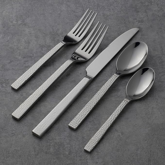 Oneida Chefs Table Hammered 45 Piece Everyday Flatware Set, Service for 8, 18/0 Stainless Steel,Silverware Set | silver, dishwasher safe | includes serving spoons and utensil set | cutlery set for kitchen and dining