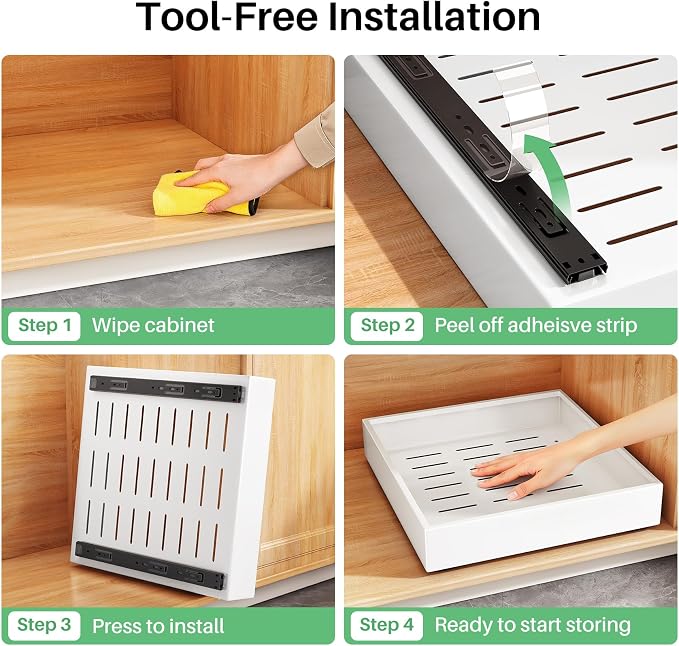 2Pack Pull out Cabinet Organizer, 21"Deep, Heavy Duty Full-extension Slide out Drawers for Kitchen Cabinet, Roll out Shelf Storage with Nano Adhesive for Pots, Bathroom, Pantry, Home, White