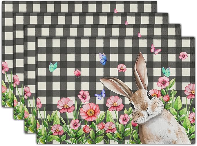 Buffalo Plaid Bunny Placemat Set of 4 12 x 18 Inch Pink Flowers Butterfly Farmhouse Linen Fabric Table Mats Outdoor Spring Seasonal for Party Kitchen Dining