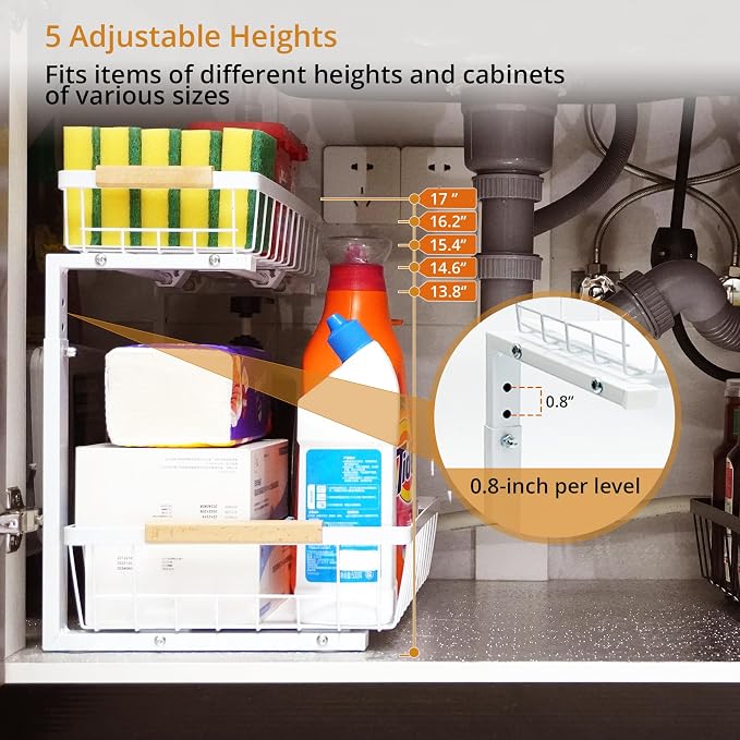 Under Sink Organizer, 2 Tier Pull Out Cabinet Organizers and Storage for Kitchen Bathroom Pantry Laundry, Adjustable Height, Slide Out Thickened Metal Storage Shelf (White, 1 Pack)
