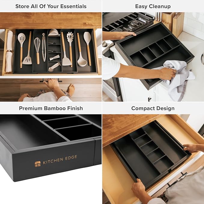 Utensil & Junk Drawer Organizer, 16-28 in, Black Bamboo | Food-safe contract grade, 100% sustainable wood, non-slip, adjustable