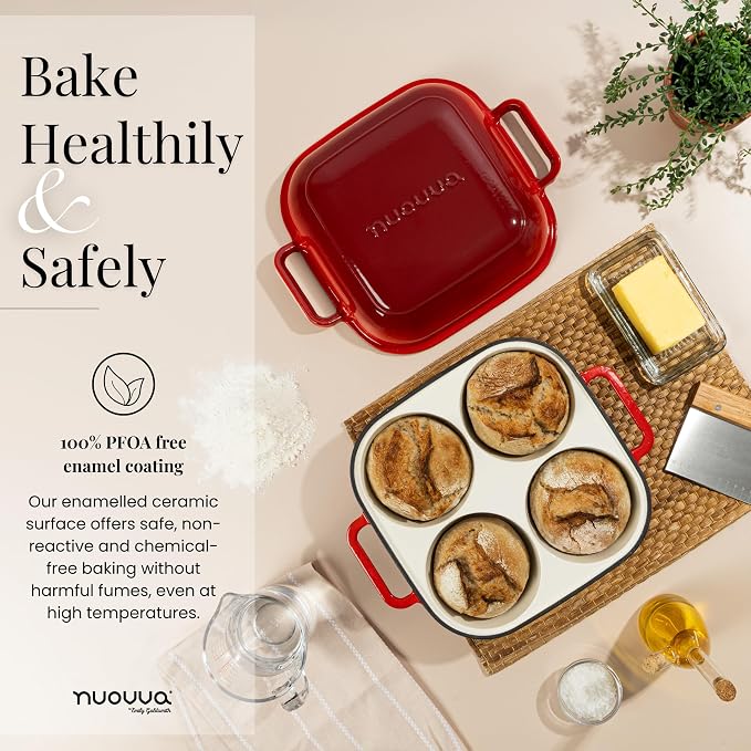 QuadPro Enamelled Cast Iron Bread Loaf Pot – Dutch Oven for Sourdough Bread Baking – 500°F Oven Safe Non Stick Bread Pot – 4 Round Loaf Spaces (4.90-inch Diameter), Red – by Nuovva