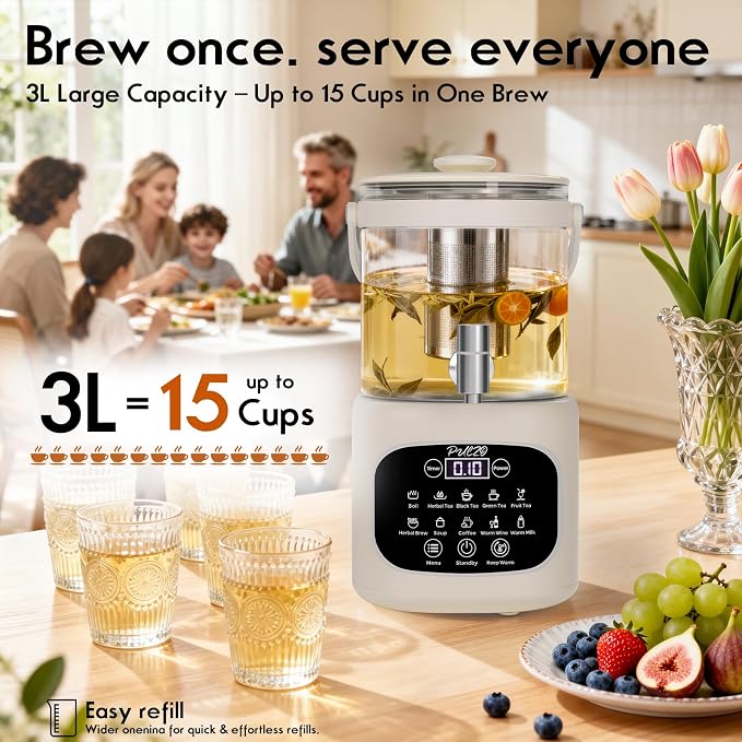 PULZO 3L Electric Kettle with Tap & Tea Infuser, Multi-functional Glass Beverage Dispenser, 6/24H Keep Warm, Temperature Control, Power Adjustment, All-in-One Health Pot Home & Office Use