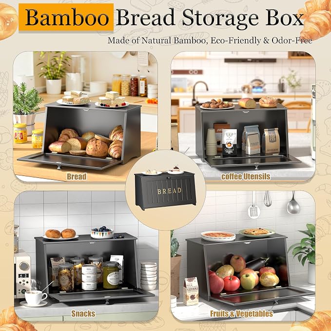 Vintage Bread Box for Kitchen Countertop, Retro Design Bread Storage Container, Farmhouse Wooden Counter Breadbox, Small Bamboo Bread Bin Holder for Homemade Bread
