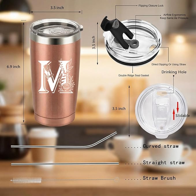 Letter M Insulated Travel Cup with Lid, Personalized Initial Mugs for Women, Letter M Gift Coffee Mugs for Women, Wife, Mom, Grandma, Bridal Shower Gifts, 20 OZ Rose Gold Two Lids