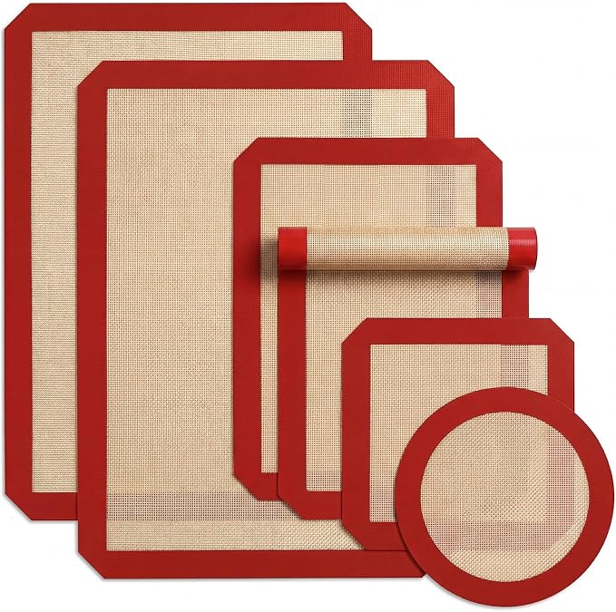 SenseYo 6 Pcs Silicone Baking Mat Non Slip Reusable BPA Free Silicone Rectangular Bakeware Sheet Liner for Cookies Pastry Bread Dough Prep Oven Counter (Red)