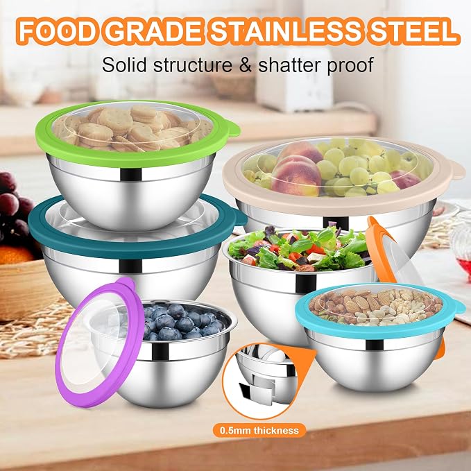 LIANYU Mixing Bowls with Visible Lid Sets, Size 7, 3.5, 2.5, 2, 1.5, 1QT | Large Stainless Steel Cooking Bowls, Nesting Metal Serving Bowl for Kitchen, Baking, Storage, Food Prepping, Multi-Color