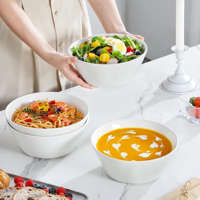 MALACASA 60 OZ Large Salad Soup Bowls Set of 4, White Ceramic Bowls | Deep Bowls for Kitchen, Family Salad, Ramen, Pasta, Pho, Fruit, Microwave & Dishwasher Safe Gift Set, Series REGULAR