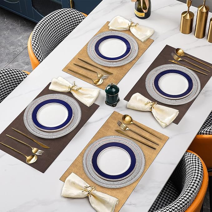 Leather Placemats Table Mats Set of 6, Brown and Tan | Reversible Non-Slip Table Placemats, Heat-Resistant and Waterproof for Dining Kitchen and Holiday Parties