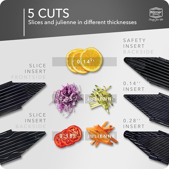 Borner V6 Exclusive Line V-Mandoline Slicer 8-in-1 Pro-Set, Stainless Steel Vegetable Cutter with Safety Insert, Slice Insert, 2 Blade Inserts