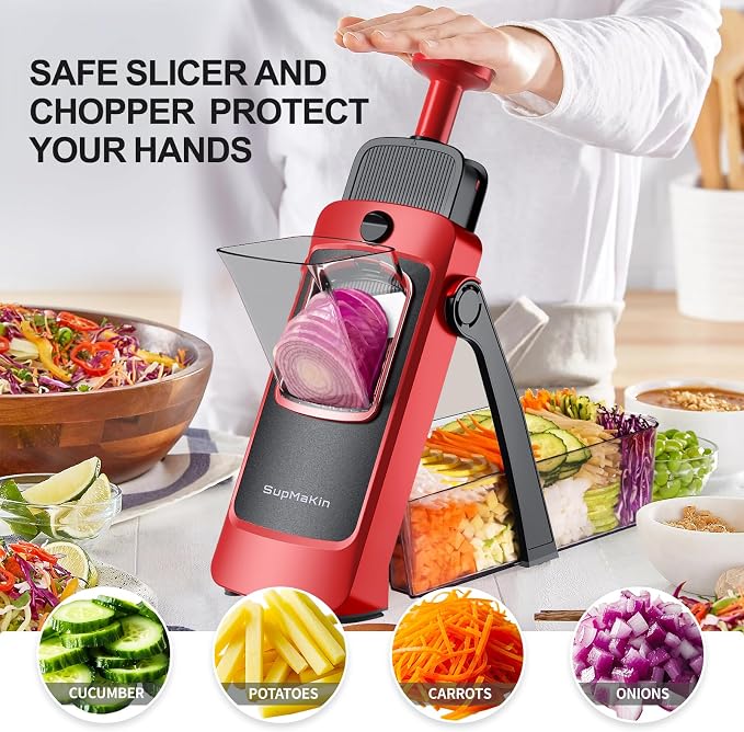 SupMaKin Safe Mandoline Slicer for Kitchen,Pptato Slicer, Vegetable Onion Chopper, French Fry Cutter, Adjustable Thickness, Julienne & Dicer Salad Chopping Artifact (4V RED)