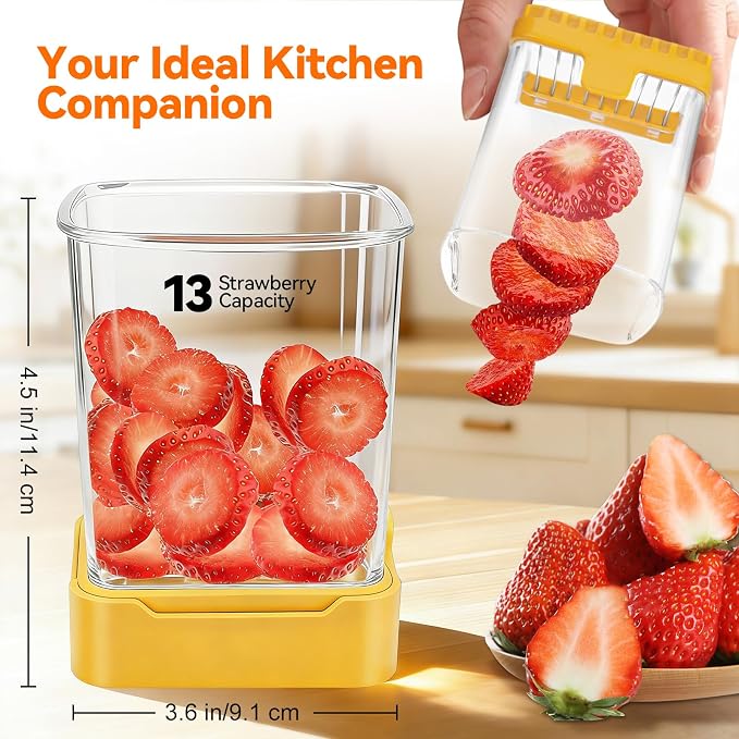 Strawberry Slicer Cup, Fruit Cutter, Quick-Slice, Meal Prep, Yellow | Dual-Function Base, Easy-Clean & Storable – 304 Stainless Steel Blade – Quick & Safe Slicing Kitchen Gadget