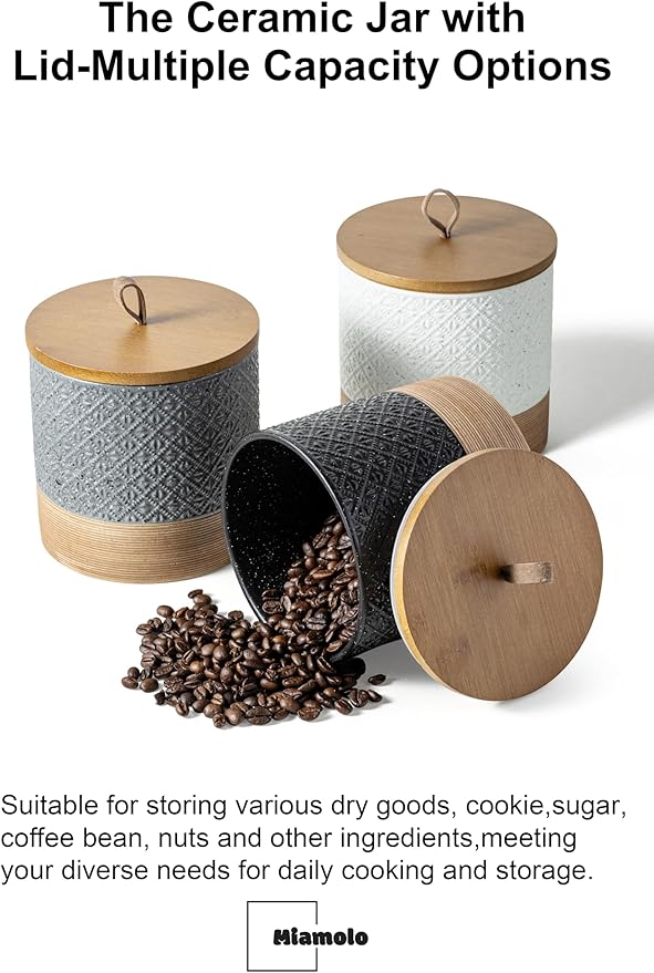 Miamolo Ceramic Coffee Container Jars with Airtight Lid, Black & 42 fl.oz | Coffee Canister for Kitchen Countertop, Food Storage for Candy Spice Sugar Tea | Keep Fresh Nonslip Base, Brew Bar Essentials