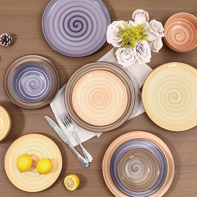 Selamica Ceramic Plates and Bowls Sets,12 Pieces Dinnerware Sets for 4,Scratch Resistant Dish Set,Dishwasher & Microwave Safe, Maillard