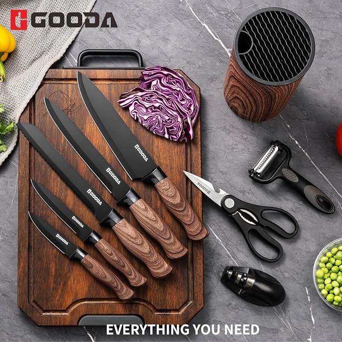 Knife Set,GOODA 9 Piece Kitchen Knife Set with Block and Sharpener, Anti-Rust Stainless Steel Cooking Knives Set for Kitchen, Chef Knife Block Set