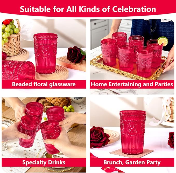 Ciaell 12 Pack Red Plastic Water Glasses for Parties Dinners | 14 oz Red Embossed Ribbed Vintage Drinking Cups, Heavy Duty Plastic, Beer Juice Beverages Wine for Outdoor Weddings