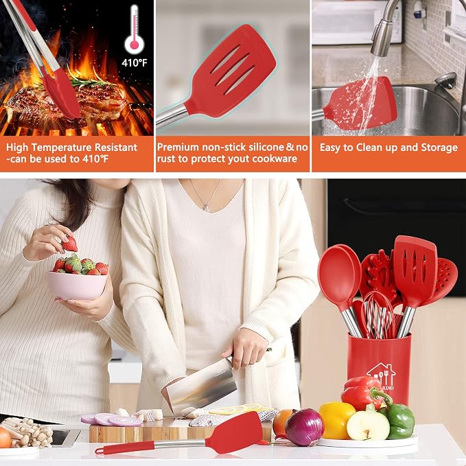 26 Pcs Kitchen Silicone Cooking Utensils Set, Red Kitchen Decor | Non-stick Heat Resistant Silicone, Cookware with Stainless Steel Handle