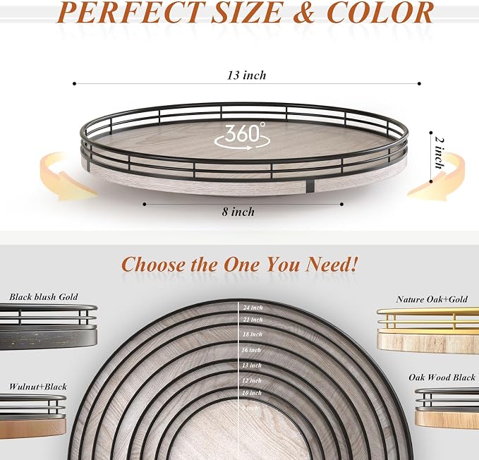 AMH 13-Inch Rustic Whitewashed Oak Lazy Susan Vanity Tray | Smooth rotating oak tray with walnut finish for dining tables, kitchen counters, pantries and cabinet storage.